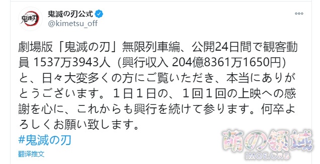 24天冲进日本票房前五！《鬼灭之刃》剧场版票房突破204亿日元- 萌の领域