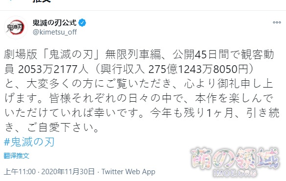 剧场版《鬼灭之刃》票房突破275亿日元，已经日本历史电影票房第二- 萌の领域